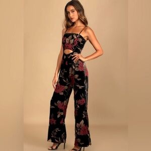 Lulus Black Floral Print Burnout Velvet Wide-leg Jumpsuit